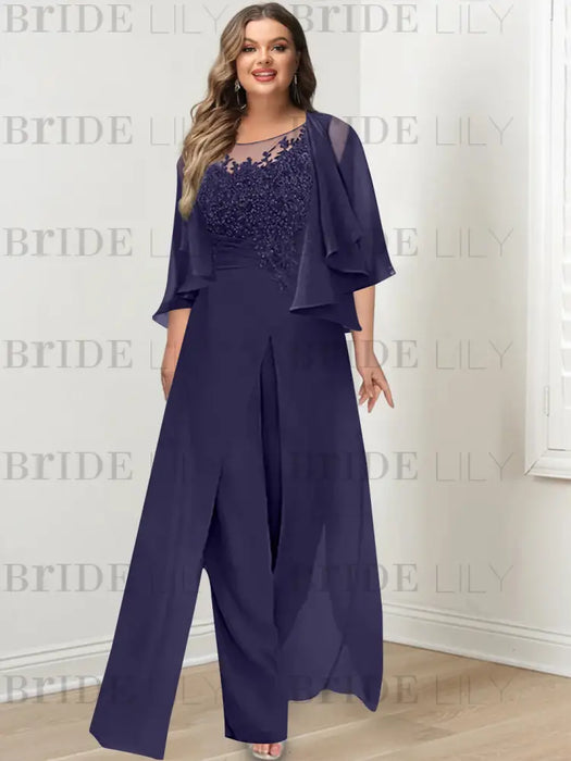 Regency plus size lace bodice mother of the bride jumpsuit with cape jacket