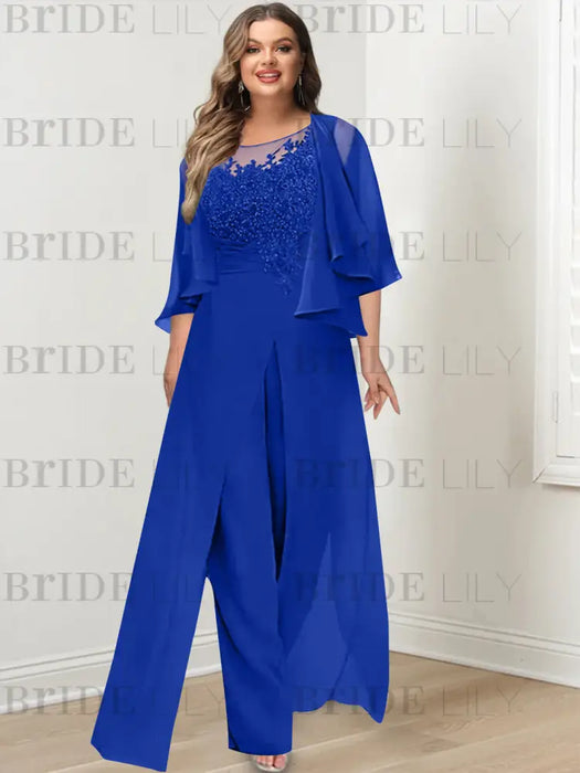 Royal Blue plus size lace bodice mother of the bride jumpsuit with cape jacket