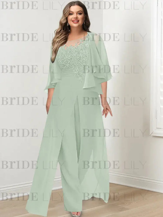 Sage plus size lace bodice mother of the bride jumpsuit with cape jacket