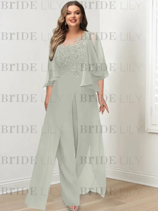 Silver plus size lace bodice mother of the bride jumpsuit with cape jacket