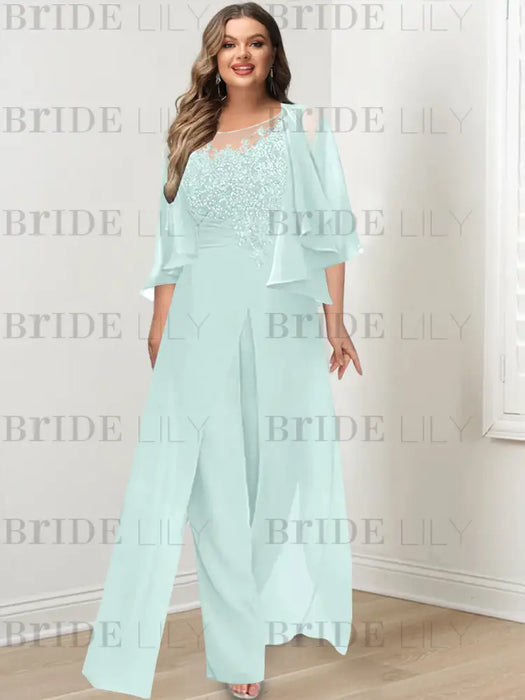 Sky Blue plus size lace bodice mother of the bride jumpsuit with cape jacket