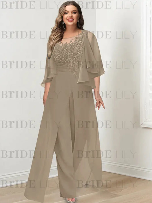 Taupe plus size lace bodice mother of the bride jumpsuit with cape jacket