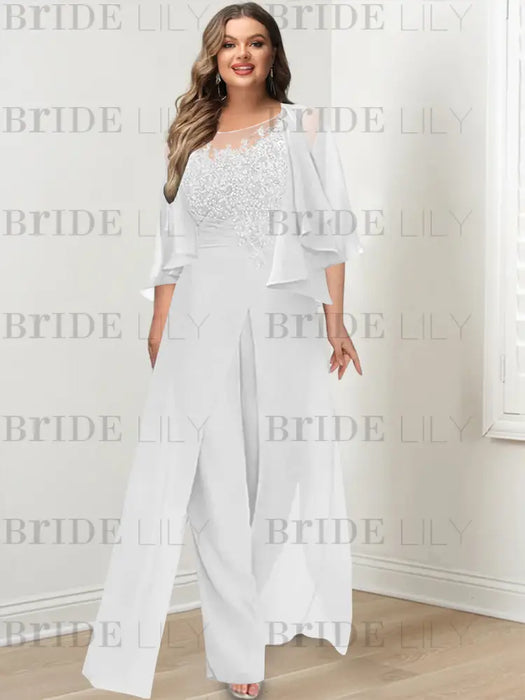 White plus size lace bodice mother of the bride jumpsuit with cape jacket