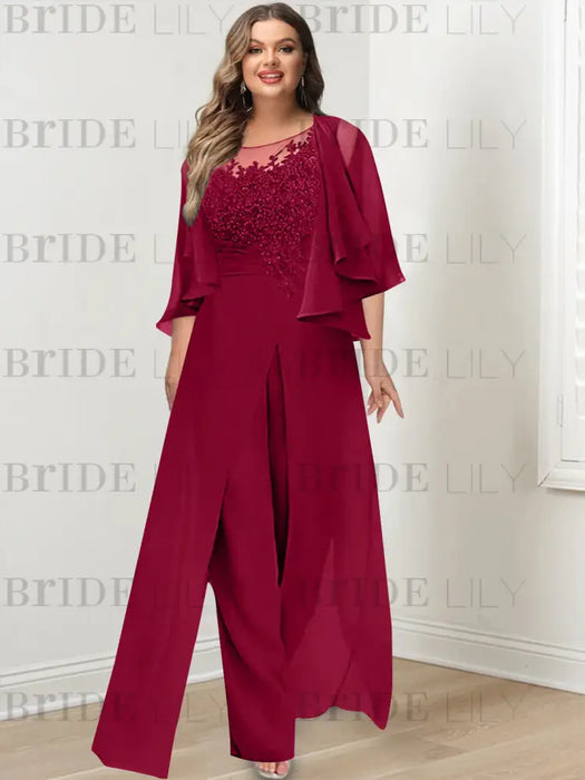 Wine Red plus size lace bodice mother of the bride jumpsuit with cape jacket