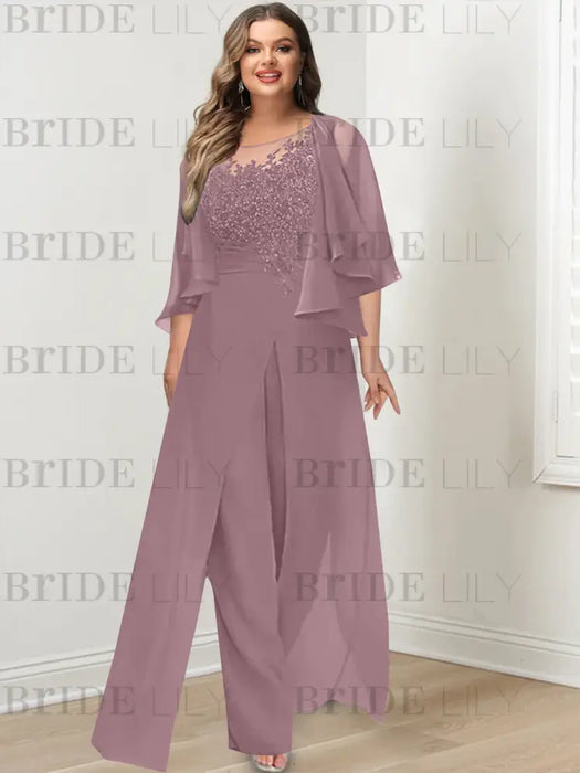 Wisteria plus size lace bodice mother of the bride jumpsuit with cape jacket