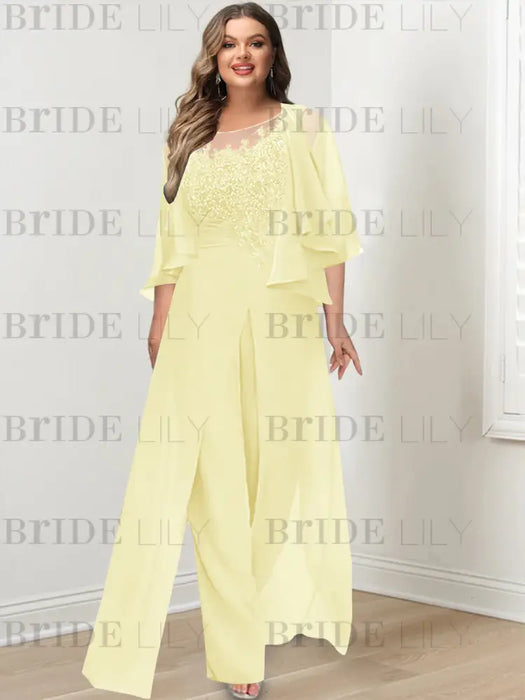Yellow plus size lace bodice mother of the bride jumpsuit with cape jacket