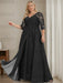 Plus size black sequin lace gown with a draped chiffon sash