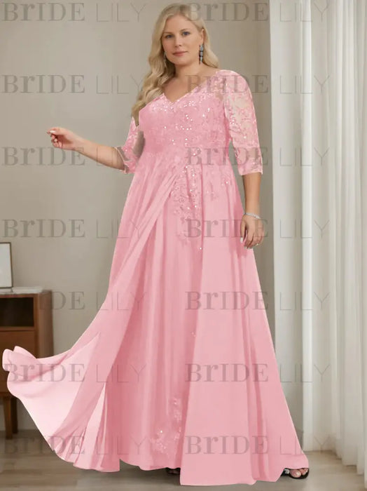 Candy Pink plus size sequin lace mother of the bride gown with draped sash