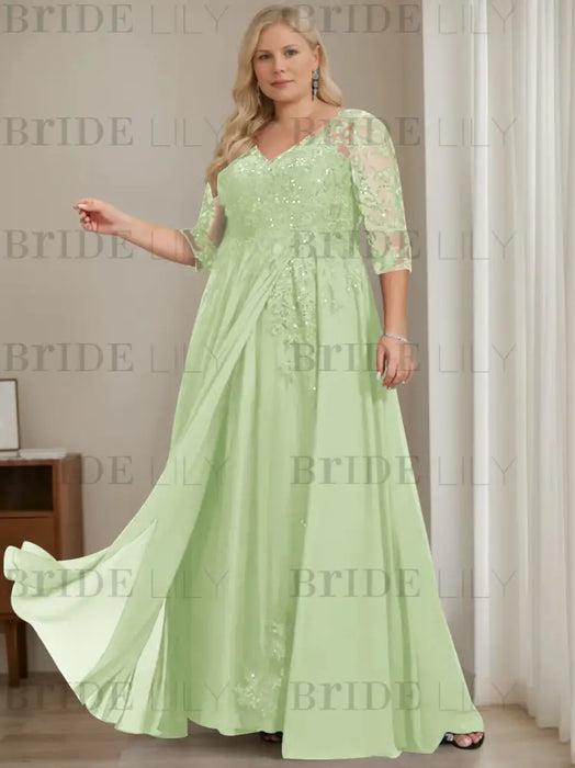 Celadon plus size sequin lace mother of the bride gown with draped sash