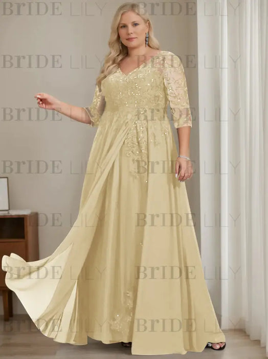 Champagne plus size sequin lace mother of the bride gown with draped sash