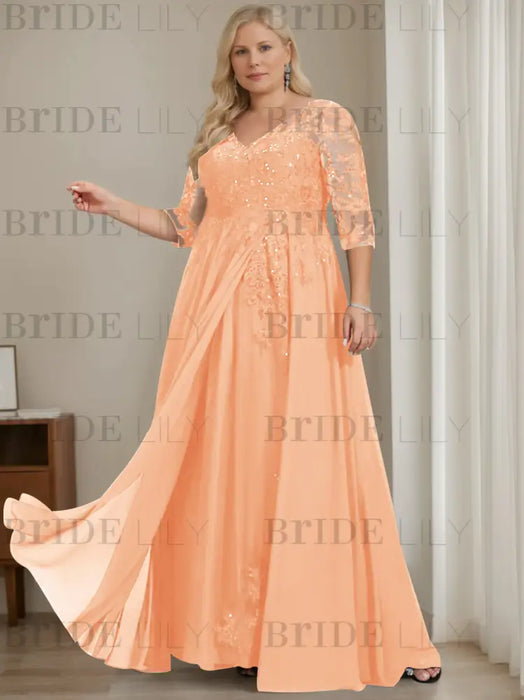 Coral plus size sequin lace mother of the bride gown with draped sash