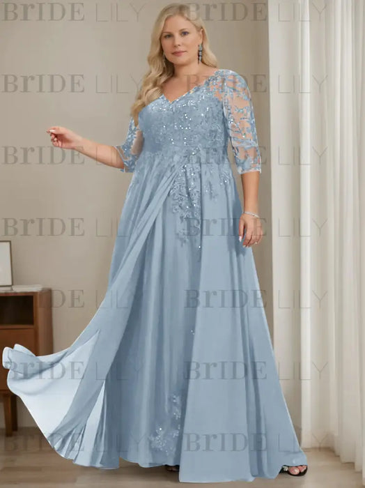 Dusty Blue plus size sequin lace mother of the bride gown with draped sash