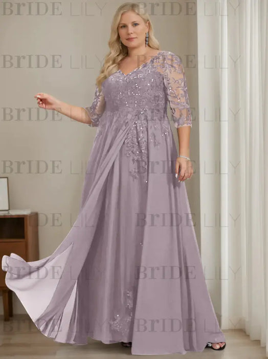 Plus size dusty mauve sequin lace gown with a draped chiffon sash