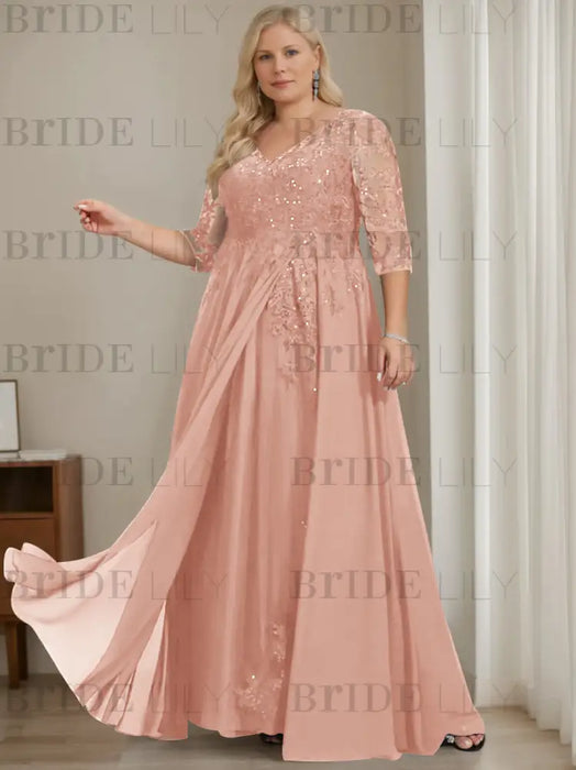 Dusty Rose plus size sequin lace mother of the bride gown with draped sash