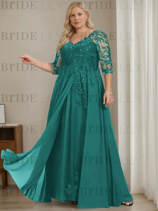 Emerald Green plus size sequin lace mother of the bride gown with draped sash