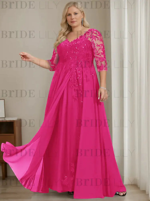 Fuchsia plus size sequin lace mother of the bride gown with draped sash