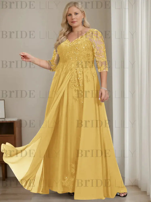 Gold plus size sequin lace mother of the bride gown with draped sash