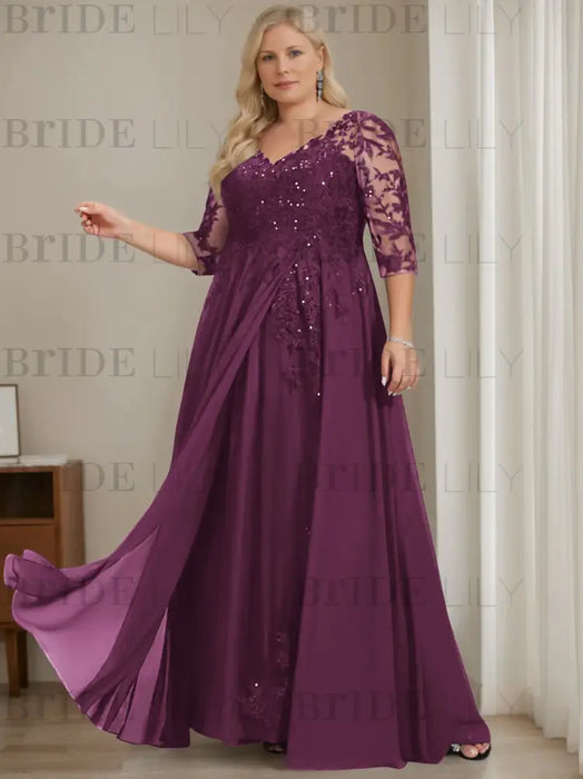Grape plus size sequin lace mother of the bride gown with draped sash