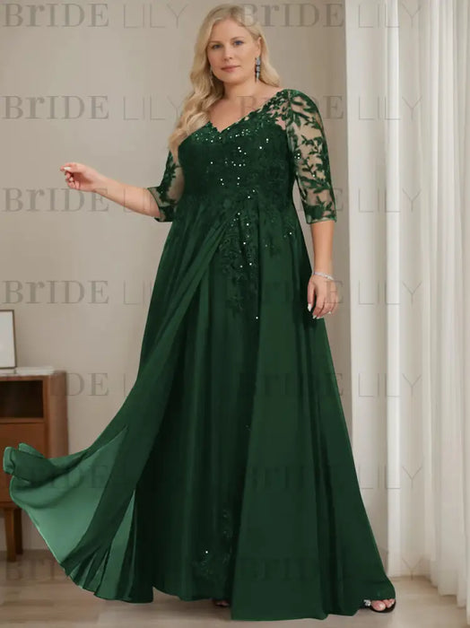 Green Black plus size sequin lace mother of the bride gown with draped sash