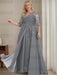 Plus size grey sequin lace gown with a draped chiffon sash