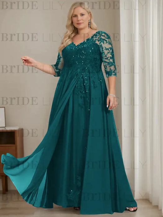 Ink Blue plus size sequin lace mother of the bride gown with draped sash