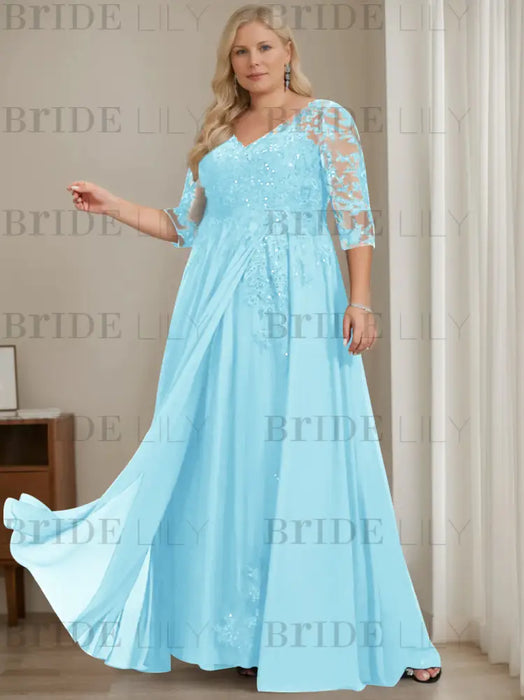 Light Blue plus size sequin lace mother of the bride gown with draped sash