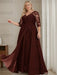 Plus size maroon sequin lace gown with a draped chiffon sash