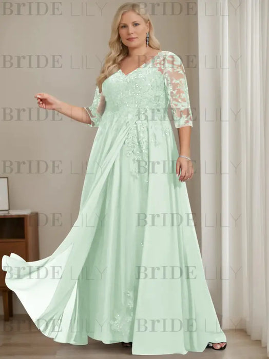 Mist Blue plus size sequin lace mother of the bride gown with draped sash