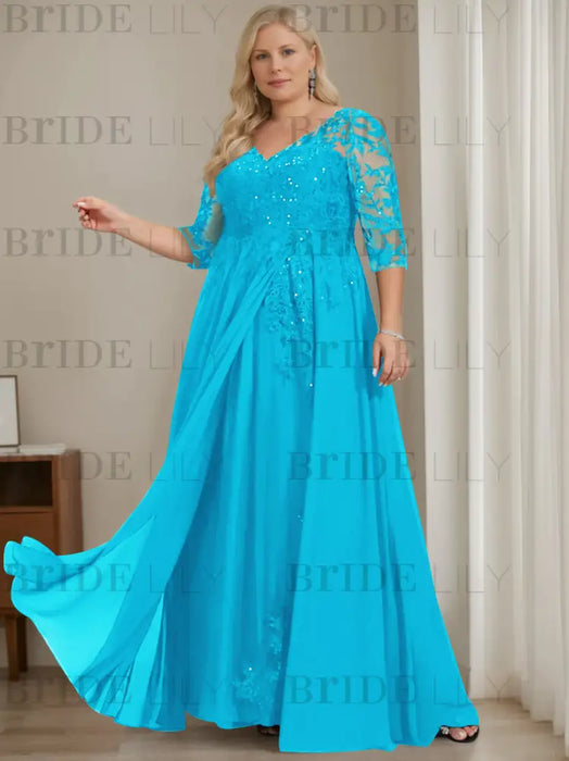 Ocean Blue plus size sequin lace mother of the bride gown with draped sash