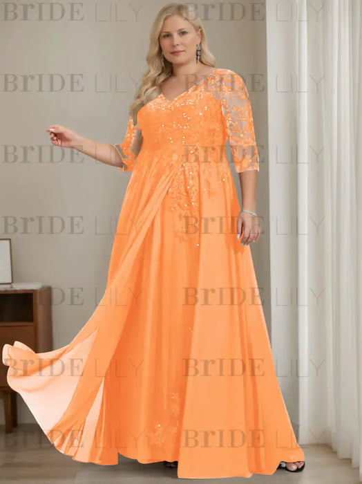 Orange plus size sequin lace mother of the bride gown with draped sash