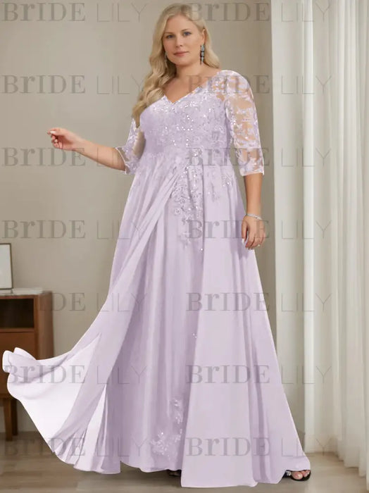 Plus size pale lilac sequin lace gown with a draped chiffon sash