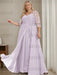 Plus size pale lilac sequin lace gown with a draped chiffon sash
