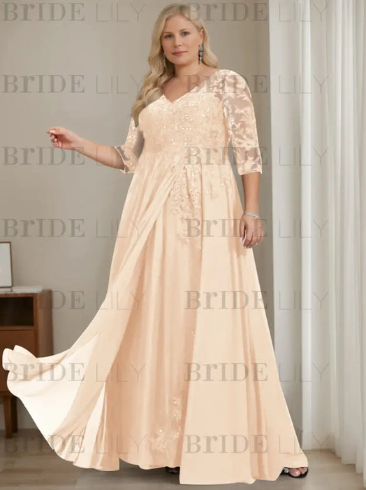 Pearl Pink plus size sequin lace mother of the bride gown with draped sash