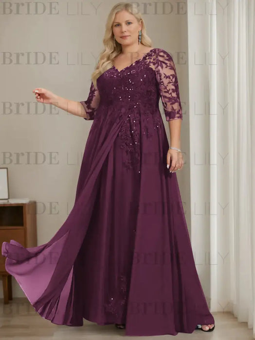 Plum plus size sequin lace mother of the bride gown with draped sash
