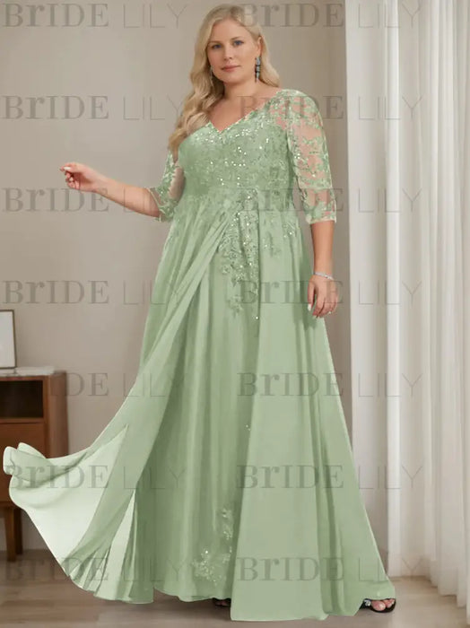 Sage plus size sequin lace mother of the bride gown with draped sash