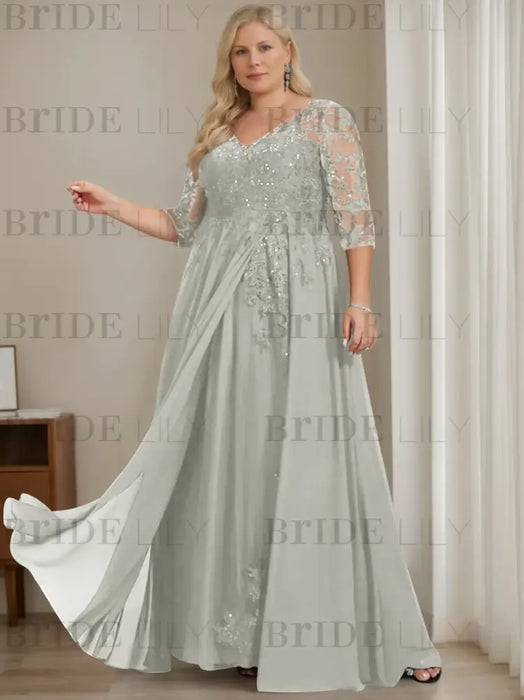 Silver plus size sequin lace mother of the bride gown with draped sash