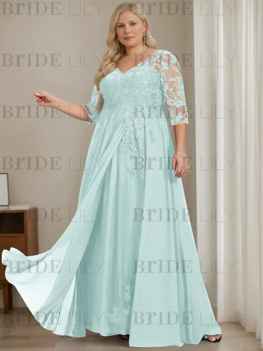 Sky Blue plus size sequin lace mother of the bride gown with draped sash