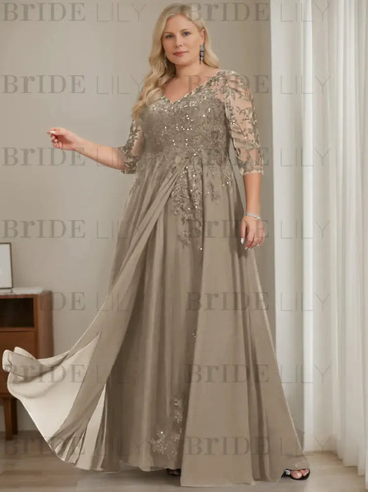 Taupe plus size sequin lace mother of the bride gown with draped sash