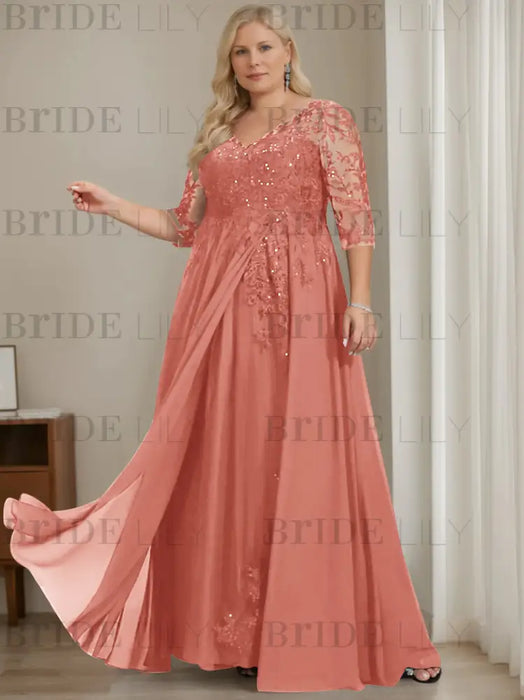 Watermelon plus size sequin lace mother of the bride gown with draped sash