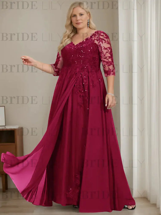 Wine Red plus size sequin lace mother of the bride gown with draped sash