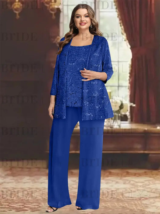 Dark Royal Blue plus size sequin lace mother of the bride pantsuit with jacket