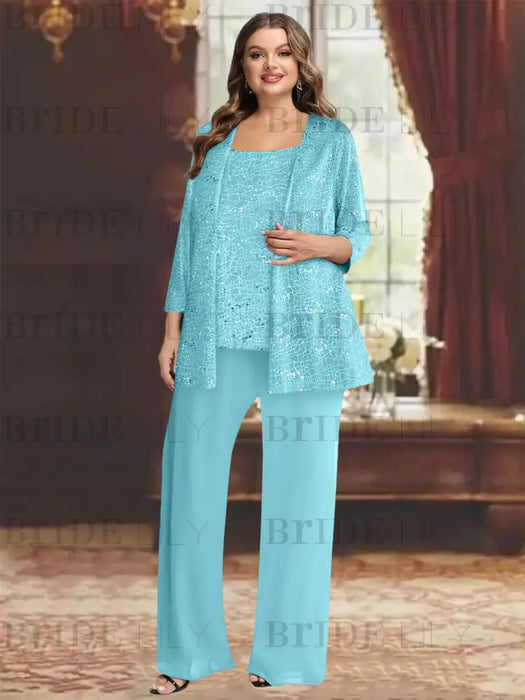 Plus size aqua sequin lace pantsuit with an open jacket