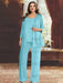 Plus size aqua sequin lace pantsuit with an open jacket