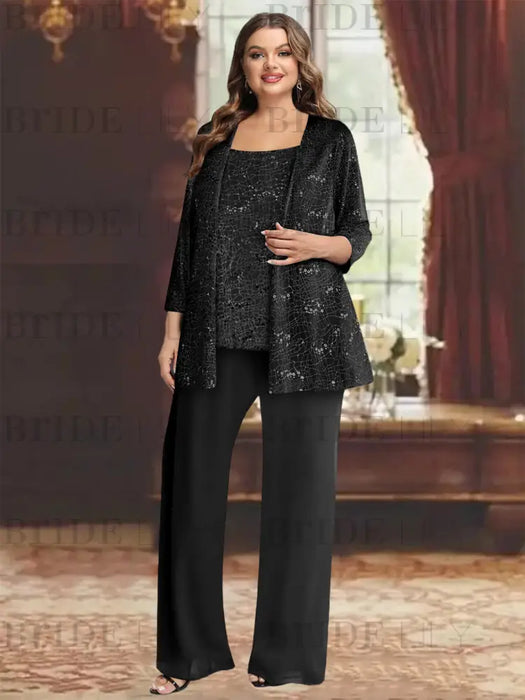 Plus size black sequin lace pantsuit with an open jacket