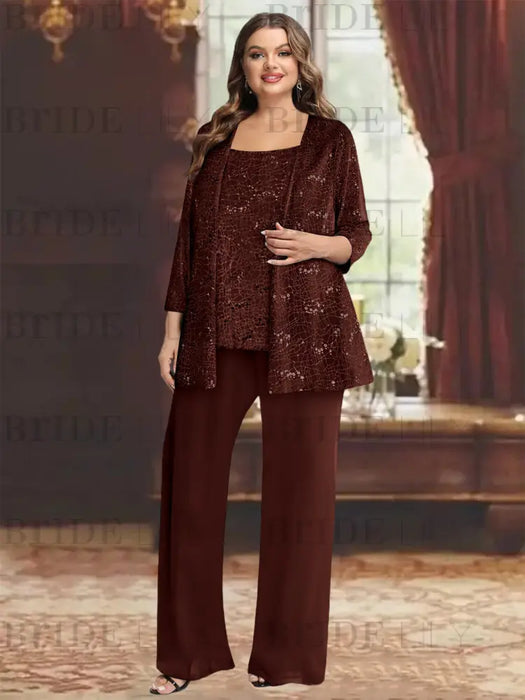 Plus size burgundy sequin lace pantsuit with an open jacket
