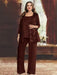 Plus size burgundy sequin lace pantsuit with an open jacket