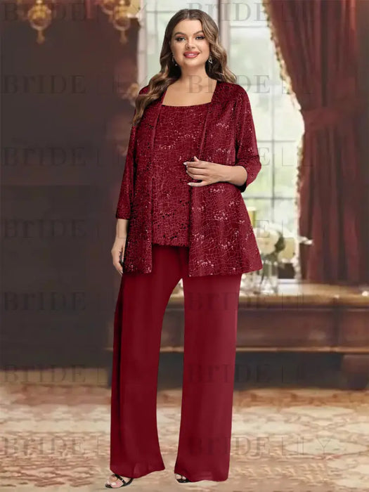 Burgundy plus size sequin lace mother of the bride pantsuit with jacket