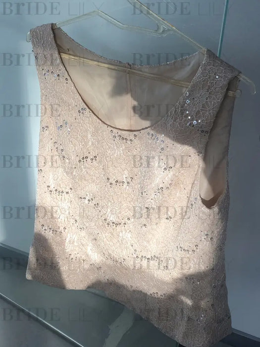 Champagne sequin lace shell top shown on a hanger
