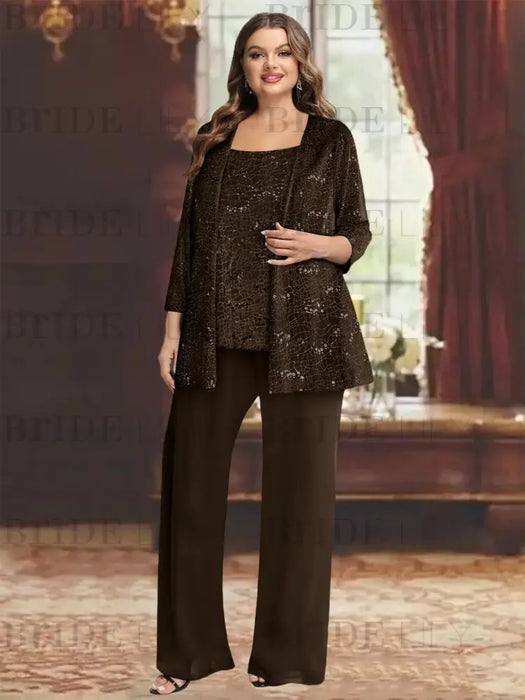 Plus size chocolate sequin lace pantsuit with an open jacket