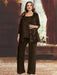 Plus size chocolate sequin lace pantsuit with an open jacket